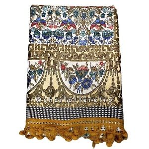 vtg Persian Tapestry w Pom Ball Fringe Trim